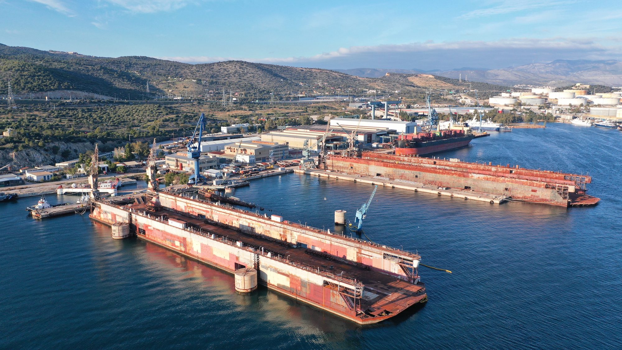 Undated aerial drone photo of shipyard in Elefsina, Attica, Greece