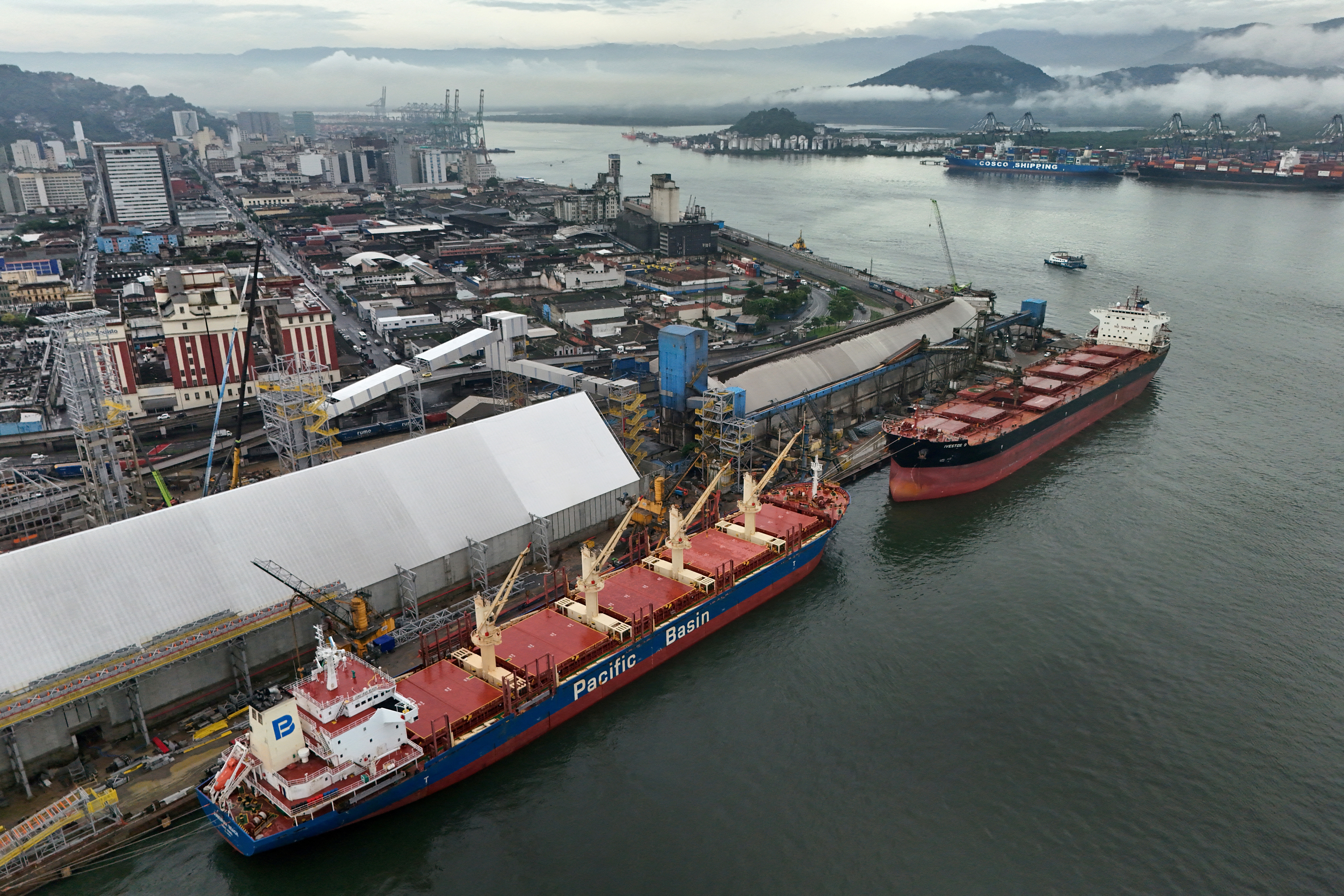 A drone view shows the construction site of terminal STS11 for storage and export of soybeans in Santos, Brazil.